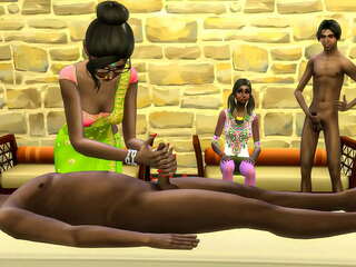 A madrasta e o padrasto indianos ensinam o meio-irmão e a meia-irmã a fazer uma verdadeira massagem